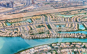 Dubai aerial view of homes near artificial canals