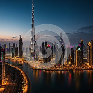 Dubai amazing city center skyline and famous Jumeirah beach in the morning, United Arab Emirates made with