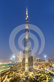 Dubai Burj Khalifa Kalifa skyscraper building skyline architecture at night in United Arab Emirates