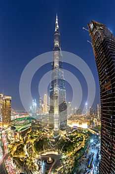 Dubai Burj Khalifa Kalifa skyscraper building skyline architecture at night in United Arab Emirates