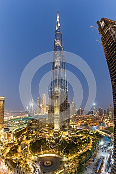 Dubai Burj Khalifa Kalifa skyscraper building skyline architecture at twilight portrait format in United Arab Emirates