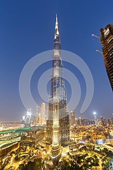 Dubai Burj Khalifa Kalifa skyscraper building skyline architecture at twilight portrait format in United Arab Emirates