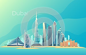 Dubai city landscape. Emirates architecture cityscape vector landmark