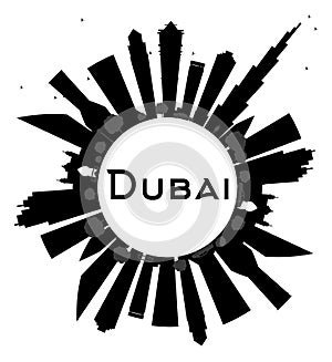 Dubai City skyline black and white silhouette and copy space.