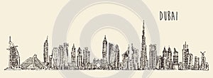 Dubai City Skyline Hand Drawn, Engraved Vector