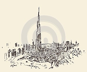 Dubai City Skyline Hand Drawn, Engraved Vector