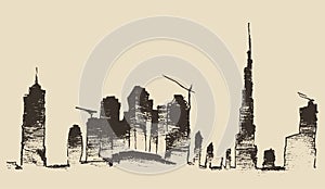 Dubai City Skyline Hand Drawn, Engraved Vector