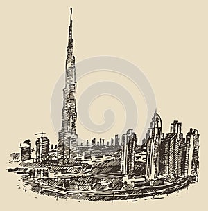 Dubai City Skyline Hand Drawn, Engraved Vector