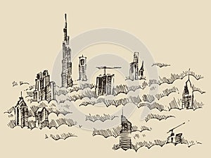 Dubai City Skyline Hand Drawn, Engraved Vector