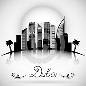 Dubai City skyline with reflection. Typographic Design