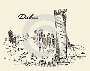 Dubai City skyline silhouette drawn vector.