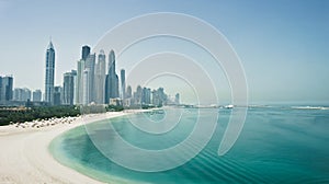 Dubai city skyline with skyscrapers, sea and beach