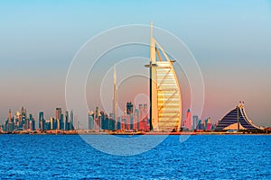 Dubai city skyline at sunrise at sunrise, United Arab Emirates