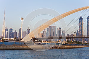 Dubai city skyline at sunset.