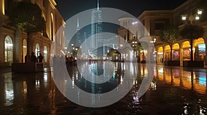 Dubai city square at night with skyscraper background busy nightlife