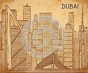 Dubai. Cityscape in line art style on aged paper background.