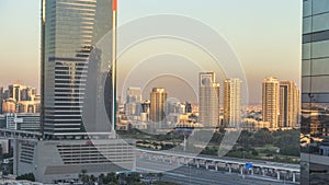 Dubai cityscape showing al barsha area at sunset timelapse in united arab emirates