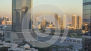 Dubai cityscape showing al barsha area at sunset timelapse in united arab emirates