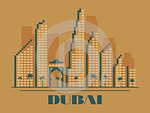 Dubai cityscape with skyscrapers and palm trees in vintage style. Dubai UAE city skyline banner for print, posters and promotional