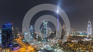 Dubai downtown cityscape with Burj Khalifa, LightUp light show aerial