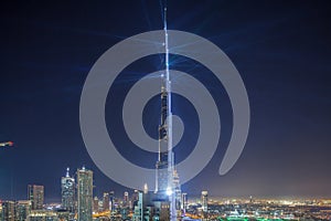 Dubai downtown cityscape with Burj Khalifa, LightUp light show aerial