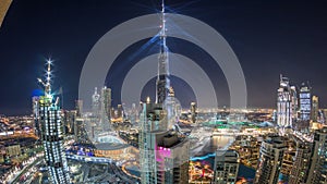 Dubai downtown cityscape with Burj Khalifa, LightUp light show aerial