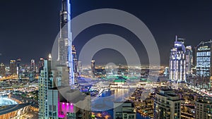 Dubai downtown cityscape with Burj Khalifa, LightUp light show aerial