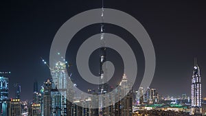 Dubai downtown cityscape with Burj Khalifa, LightUp light show aerial timelapse