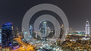Dubai downtown cityscape with Burj Khalifa, LightUp light show aerial timelapse