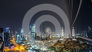 Dubai downtown cityscape with Burj Khalifa, LightUp light show aerial timelapse