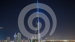 Dubai downtown cityscape with Burj Khalifa, LightUp light show aerial timelapse