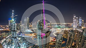 Dubai downtown cityscape with Burj Khalifa, LightUp light show aerial timelapse