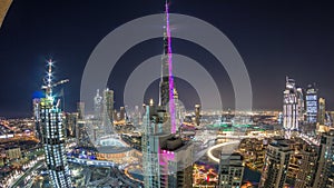 Dubai downtown cityscape with Burj Khalifa, LightUp light show aerial timelapse