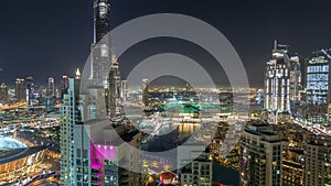 Dubai downtown cityscape with Burj Khalifa, LightUp light show aerial timelapse