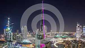 Dubai downtown cityscape with Burj Khalifa, LightUp light show aerial timelapse