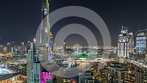 Dubai downtown cityscape with Burj Khalifa, LightUp light show aerial timelapse