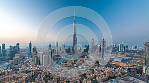 Dubai Downtown day to night timelapse view from the top in Dubai, United Arab Emirates