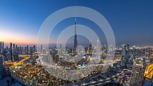 Dubai Downtown day to night timelapse view from the top in Dubai, United Arab Emirates