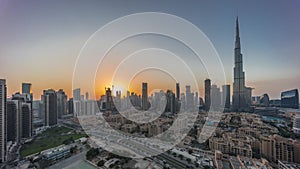 Dubai Downtown day to night transition timelapse with tallest skyscraper and other towers