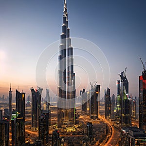Dubai downtown - modern city center skyline with luxury and famous skyscrapers, United Arab Emirates made