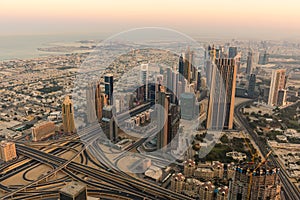 Dubai downtown morning scene. Top view