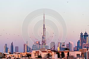 Dubai downtown skyline with modern skyscrapers at sunset