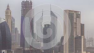 Dubai downtown skyline at morning aerial timelapse with traffic on highway