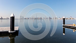 Dubai Downtown skyline panorama with floating wooden piers