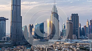 Dubai Downtown skyline during sunset timelapse towers paniramic view from the top in Dubai