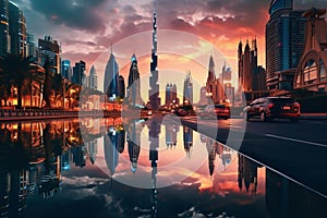 Dubai downtown skyline at sunset, United Arab Emirates