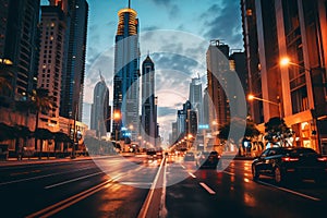 Dubai downtown skyline at sunset, United Arab Emirates