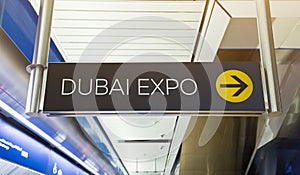 Dubai Expo 2020. Pointer at the metro station. Station name and exit direction