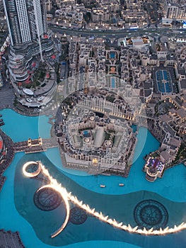 Dubai Fountain as seen from Burj Khalifa, Dubai United Arab Emirates