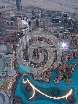 Dubai Fountain as seen from Burj Khalifa, Dubai United Arab Emirates